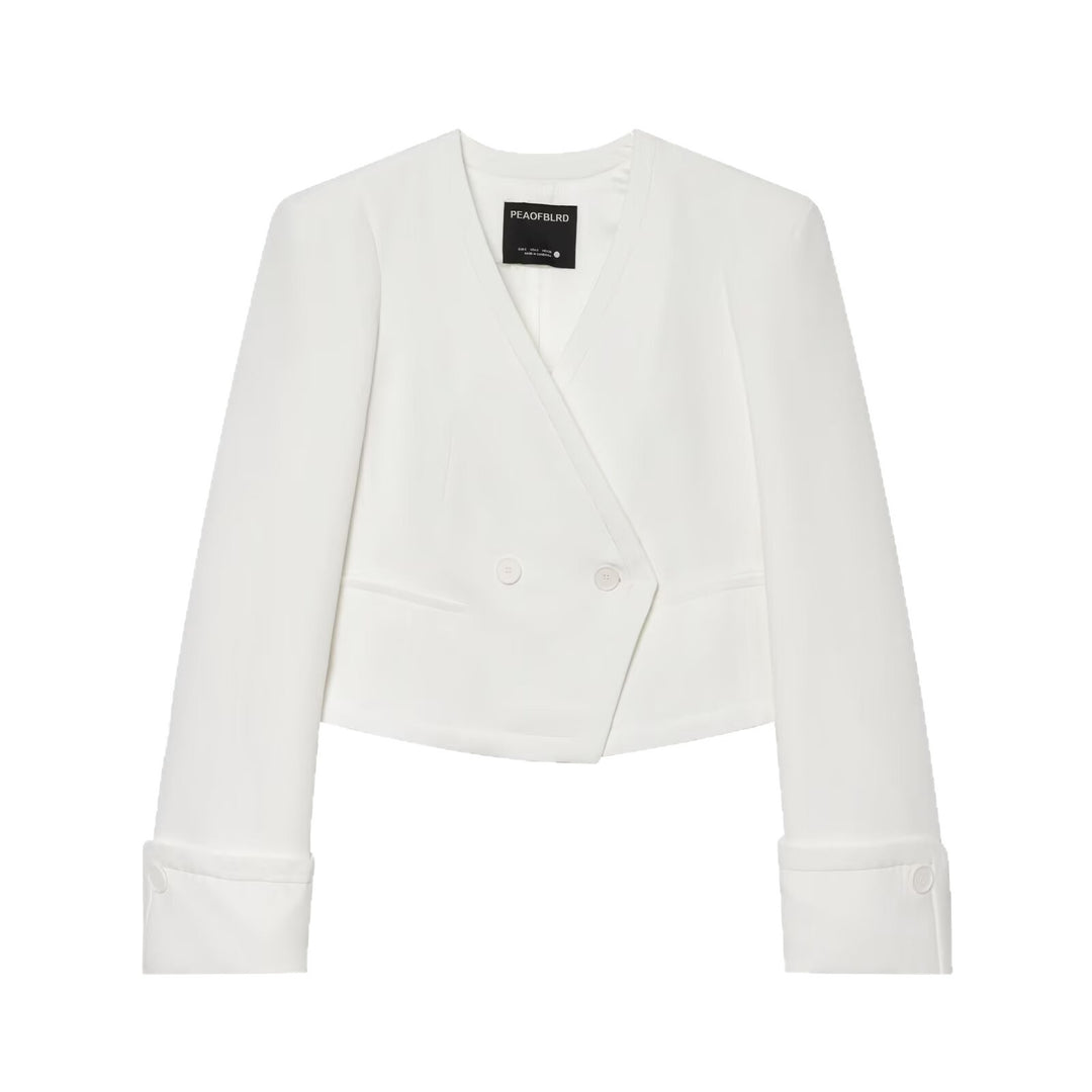 Damen Cropped Zweireihiger Blazer mit tiefem V-Ausschnitt und Manschetten Nord Taschen