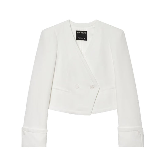 Damen Cropped Zweireihiger Blazer mit tiefem V-Ausschnitt und Manschetten Nord Taschen