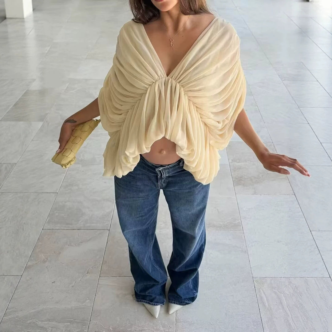 Damen Drapiertes Chiffon-Top mit V-Ausschnitt und voluminösen Fledermausärmeln Nord Taschen