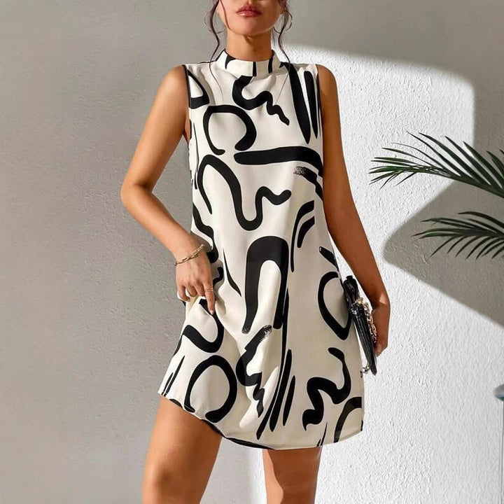 Damen A-linien Minikleid mit modernem grafischem Muster und Stehkragen