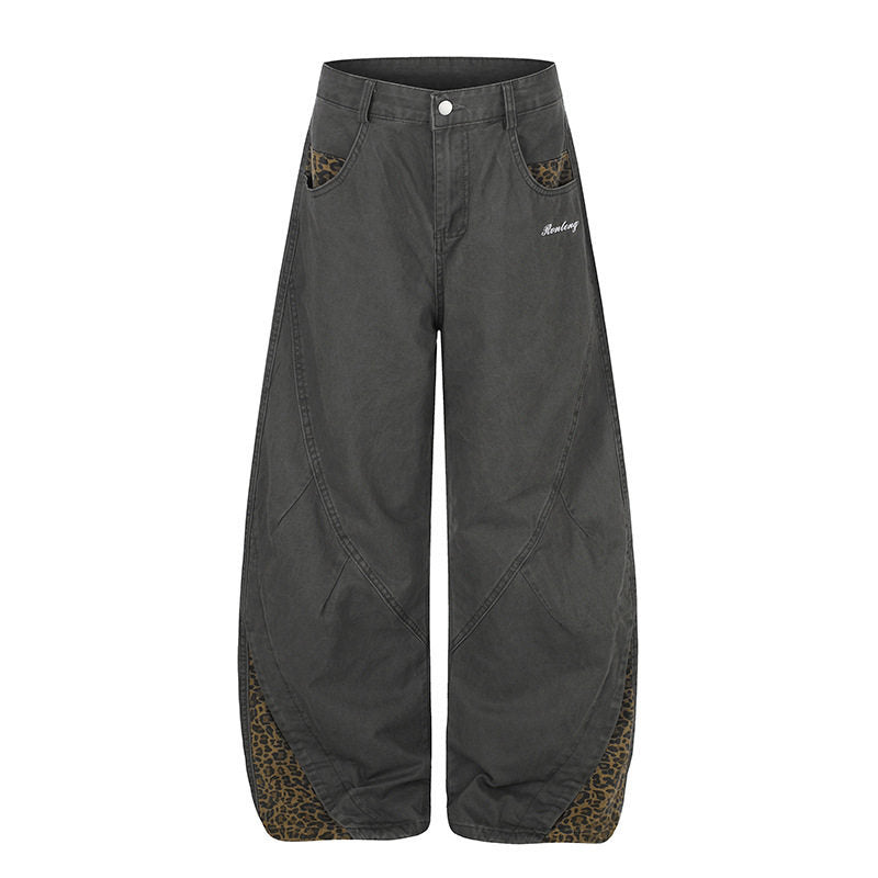 Damen Weite High‑Waist Palazzo-Jeanshose mit Leopardeinsätzen und Eingrifftaschen Nord Taschen