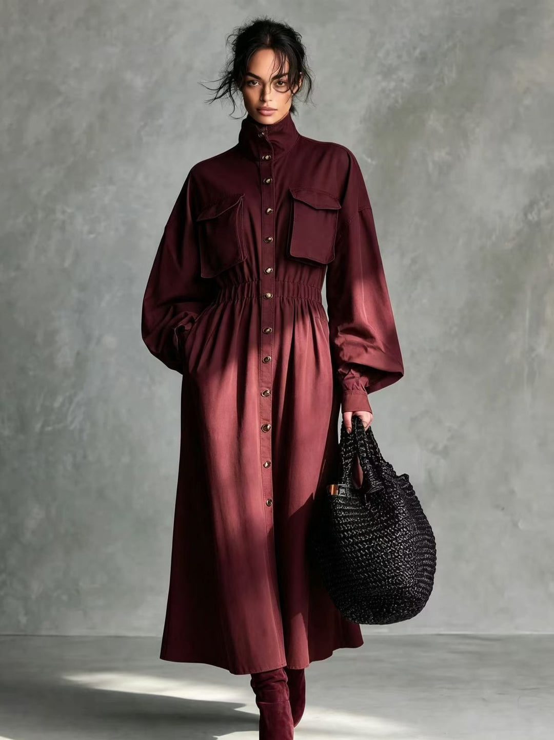 Damen Elegantes Hemdkleid mit Taschen und Taillengürtel Nord Taschen