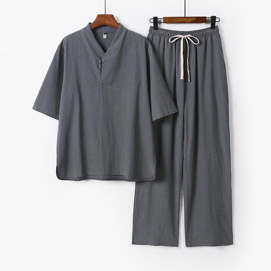 Herren Zweiteiliges Leichtes Loungewear-Set mit Stehkragen-Halbarmshirt und Kordelbund-Hose Nord Taschen