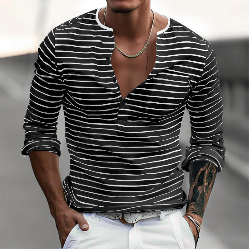 Herren Langarm-Henley-Shirt mit modischen Streifen und praktischen Knöpfen