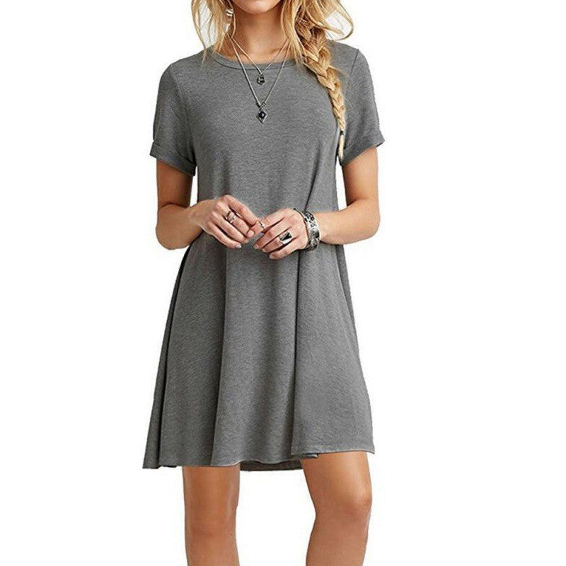Damen locker fallendes Freizeitkleid mit Rundhalsausschnitt und kurzen Ärmeln