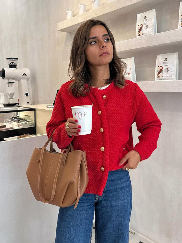 Damen Strukturierter Strickcardigan mit Zopfmuster und goldenen Zierknöpfen Nord Taschen