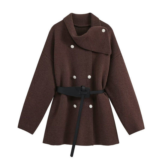 Damen Cropped Bouclé-Mantel mit asymmetrischem Schalkragen und dekorativem Gürtel Nord Taschen