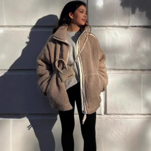 Damen Weit geschnittene Teddy-Fleecejacke mit hohem Stehkragen Nord Taschen