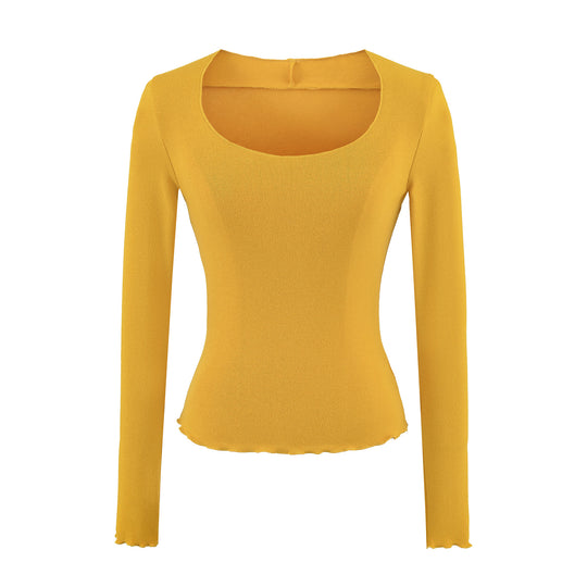 Damen Figurbetontes Langarm-Feinstrickshirt mit quadratischem Ausschnitt und Wellensaum Nord Taschen