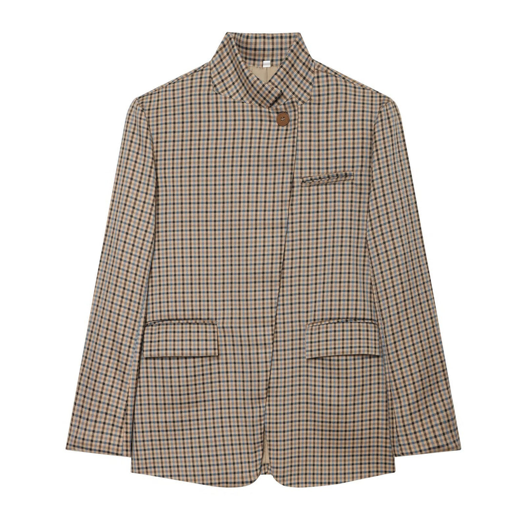 Damen Karierter Longblazer mit Stehkragen, verdeckter Knopfleiste und Pattentaschen Nord Taschen