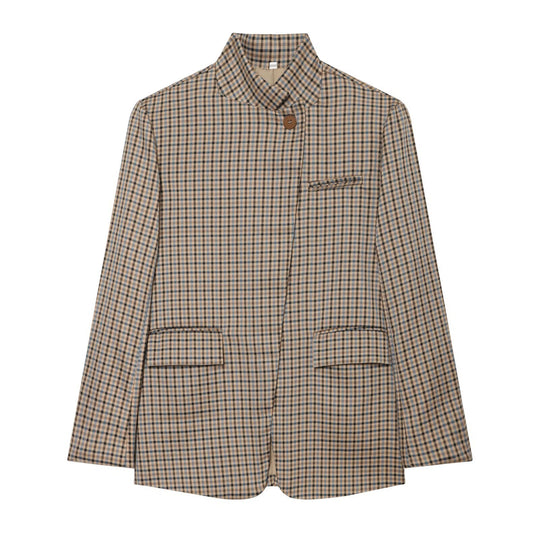 Damen Karierter Longblazer mit Stehkragen, verdeckter Knopfleiste und Pattentaschen Nord Taschen