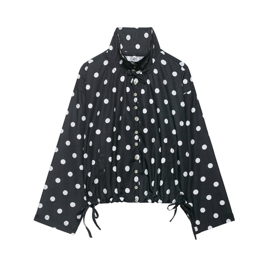 Damen Leichte Bluse im Polka‑Dot‑Design mit Stehkragen, Tunnelzugsaum und Knopfleiste Nord Taschen