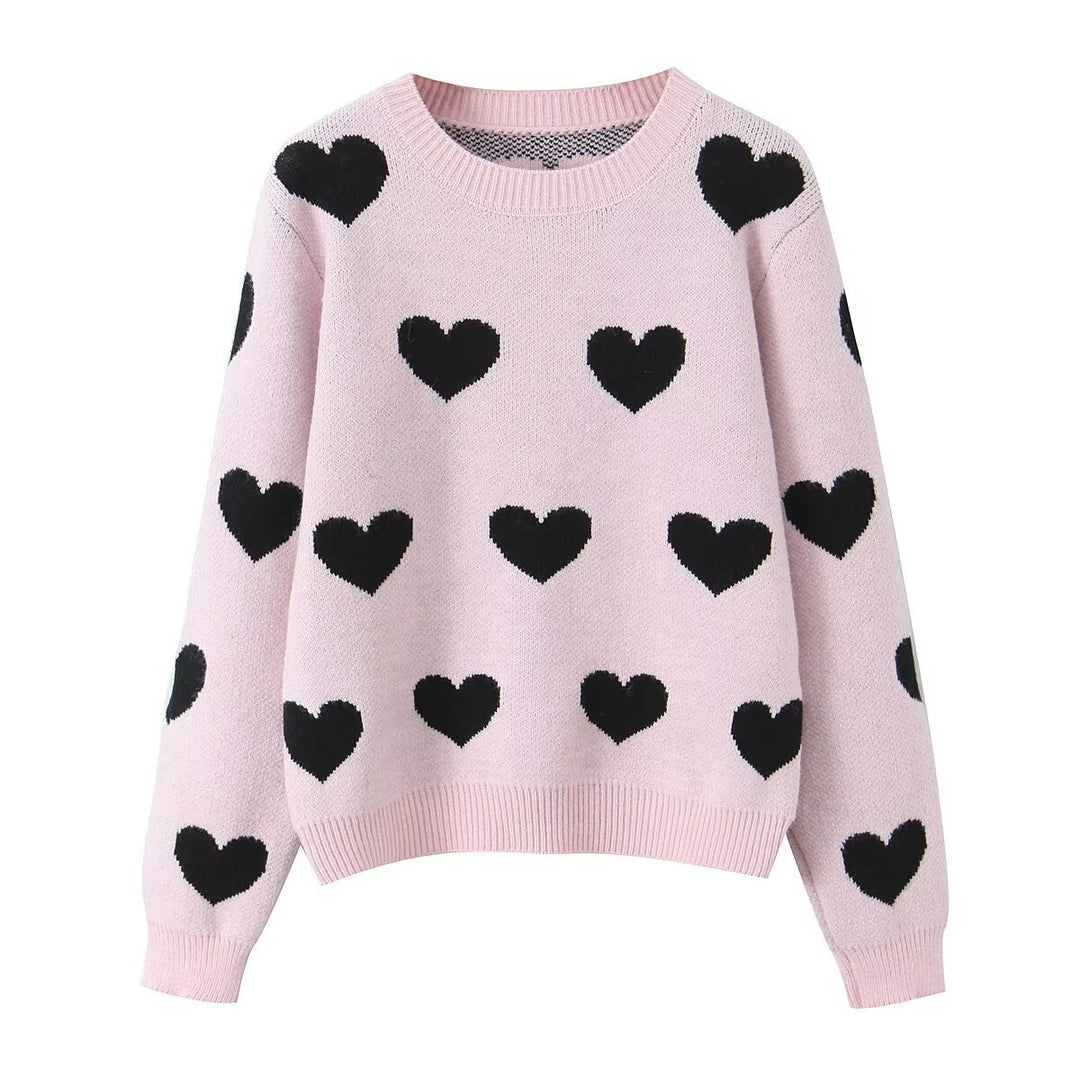 Damen Gemusterter Oversize Strickpullover mit Herzjacquard und Rundhalsausschnitt Nord Taschen