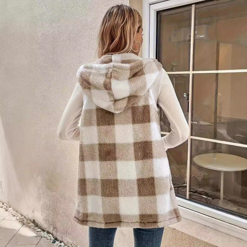 Damen Ärmellose Teddy‑Weste mit Kapuze und Karomuster Nord Taschen