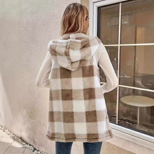 Damen Ärmellose Teddy‑Weste mit Kapuze und Karomuster Nord Taschen