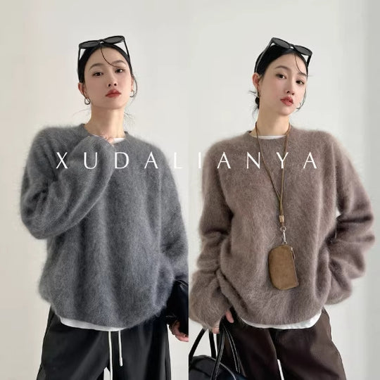 Damen weicher Mohair-Pullover mit Rundhals und Oversize-Schnitt Nord Taschen