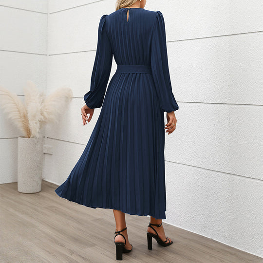 Damen Elegantes Faltenmaxikleid mit Taillengürtel Nord Taschen