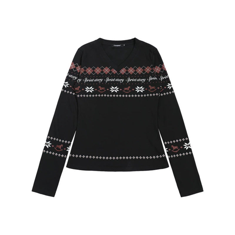 Damen Langarmshirt mit V-Ausschnitt und skandinavischem Norwegerprint aus Baumwollmix Nord Taschen
