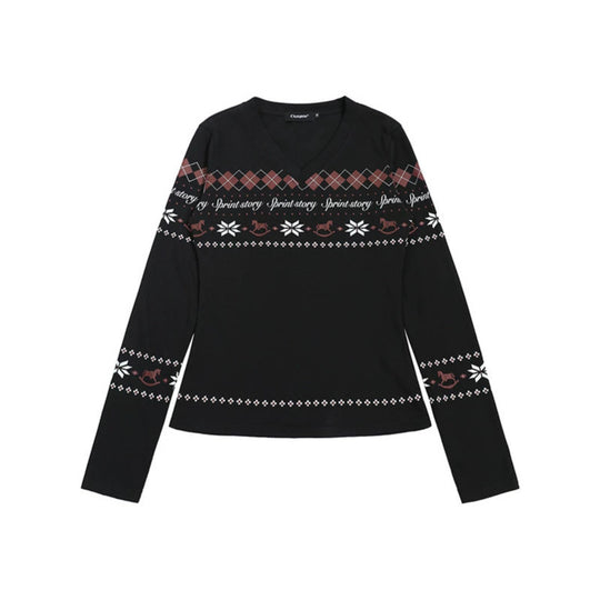 Damen Langarmshirt mit V-Ausschnitt und skandinavischem Norwegerprint aus Baumwollmix Nord Taschen