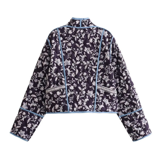 Damen Gestepptes Cropped-Steppjacke mit floralem Allovermuster und kontrastierender Paspelierung Nord Taschen
