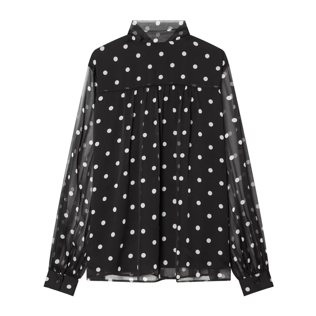 Damen Chiffonbluse mit Polka-Dot, Schleifenbindekragen und transparenten Ballonärmeln Nord Taschen