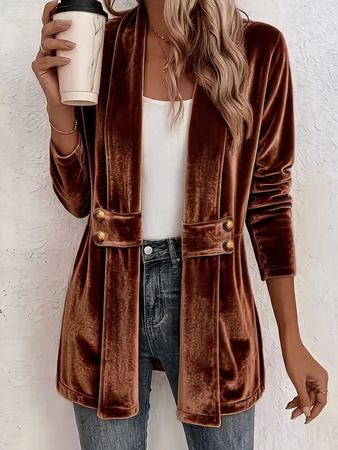 Damen Samt-Longblazer mit Schalkragen und Zierknopfleiste Nord Taschen