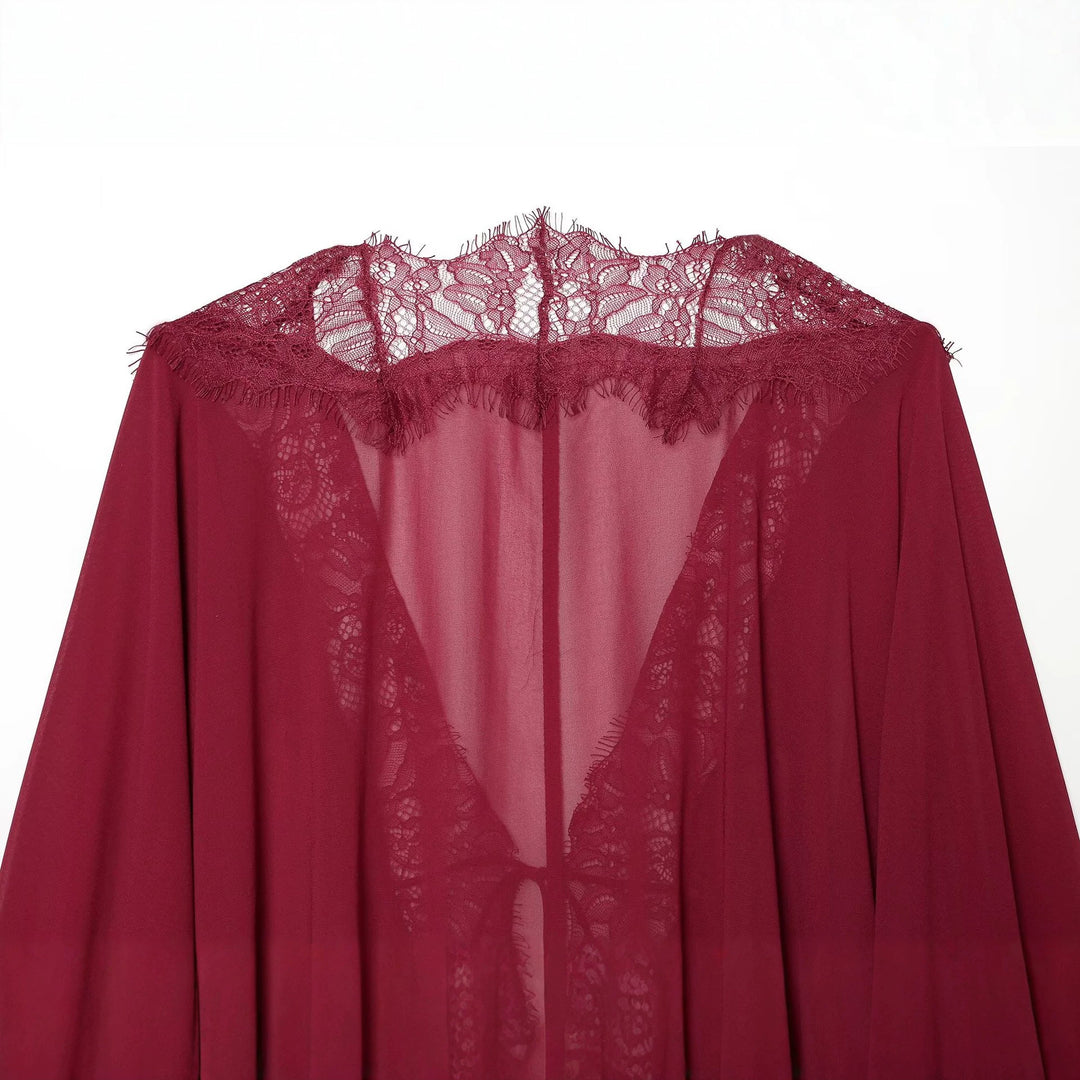 Damen Fließende Kimono‑Bluse mit Spitzenbesatz und Bindeband Nord Taschen