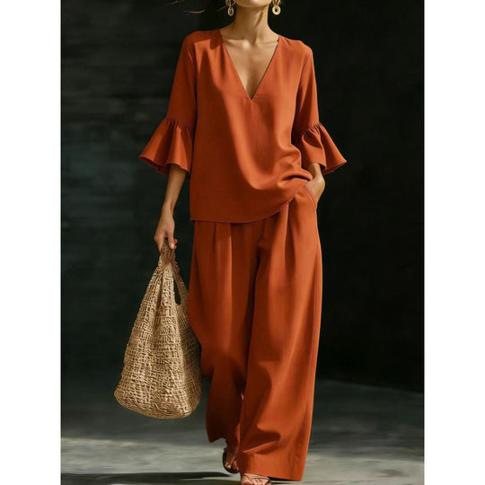 Damen Zweiteiliges V-Ausschnitt-Tunika-Set mit Volantärmeln und weitem hochtaillierten Palazzo-Hose Nord Taschen