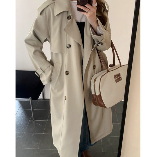 Damen Langer Trenchcoat mit Hochkragen, doppelter Sturmklappe und verstellbaren Manschetten Nord Taschen