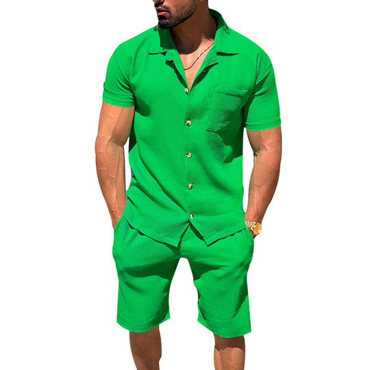 Herren nan lässiges zweiteiliges Freizeitset aus geripptem Jersey mit Hemdkragen Knopfleiste und Shorts