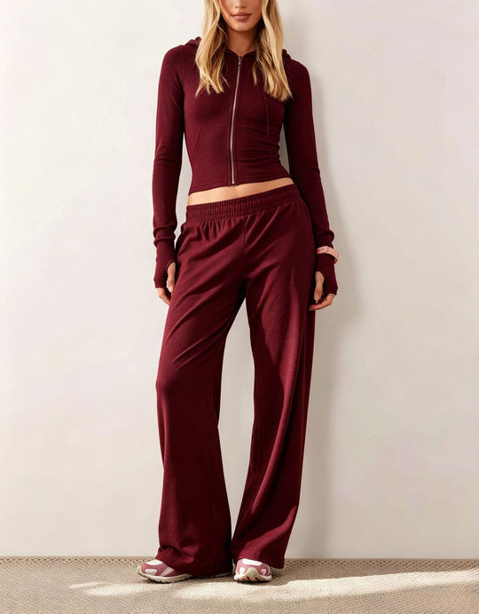 Damen Zweiteiliges Loungewear-Set geripptes Crop-Kapuzenoberteil mit Reißverschluss und Daumenloch sowie weiter Jogginghose Nord Taschen