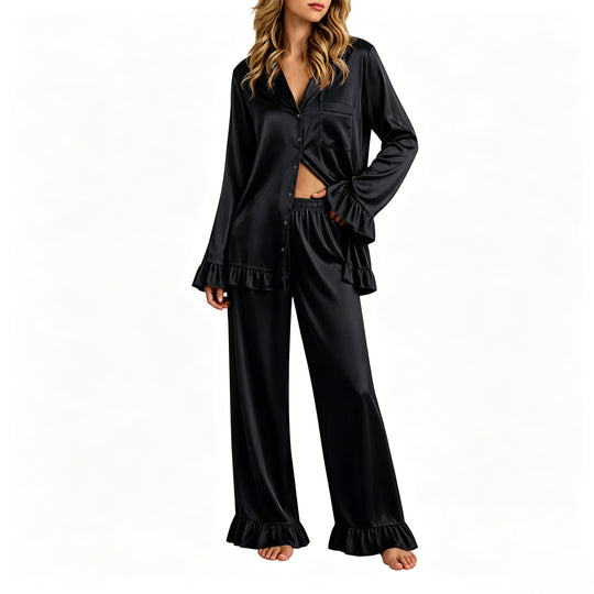 Damen Satin-Pyjama-Set mit Knopfhemd, weiten Palazzo-Hosen und Rüschensaum Nord Taschen