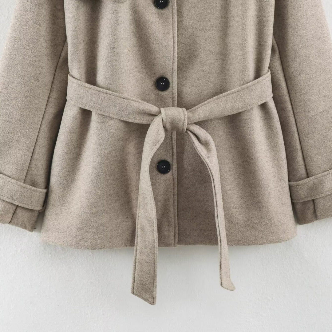 Damen Kurz‑Trenchcoat aus Wollmix mit Stehkragen, Epauletten und Bindegürtel Nord Taschen