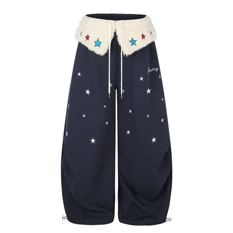 Damen Extraweite Palazzo-Jogginghose mit Teddybund, Kordelzug und Sternstickerei Nord Taschen
