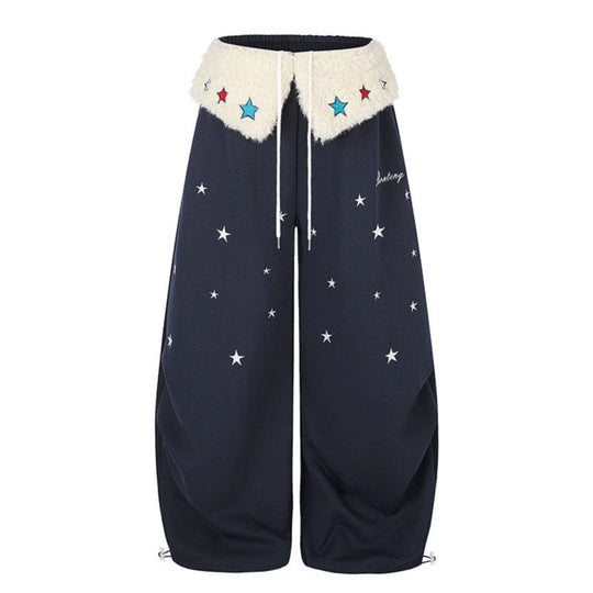 Damen Extraweite Palazzo-Jogginghose mit Teddybund, Kordelzug und Sternstickerei Nord Taschen