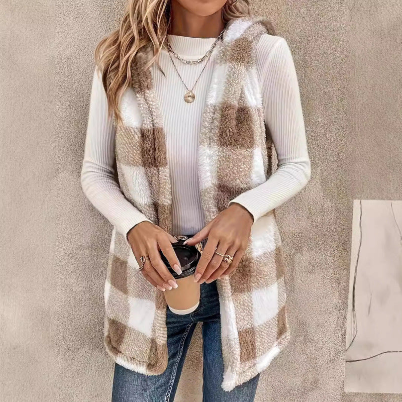 Damen Ärmellose Teddy‑Weste mit Kapuze und Karomuster Nord Taschen
