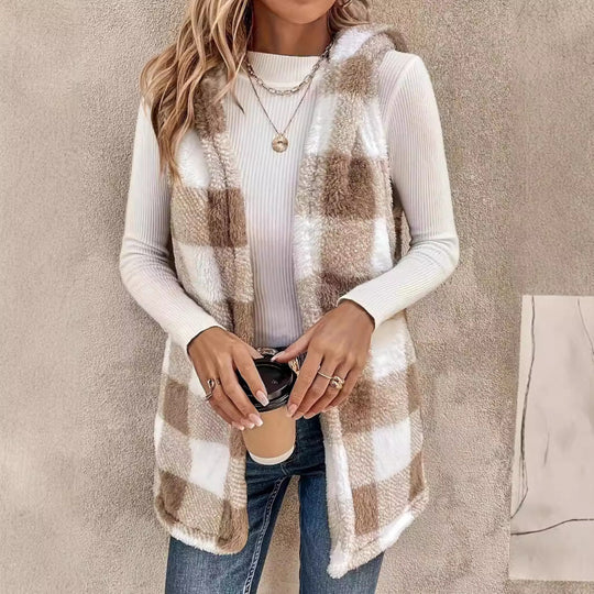 Damen Ärmellose Teddy‑Weste mit Kapuze und Karomuster Nord Taschen