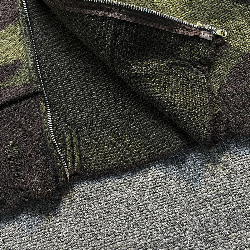 Herren Strick-Kapuzenjacke im Camouflage-Look mit Reißverschluss und used-Details Nord Taschen