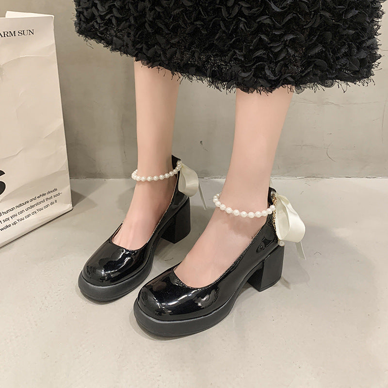 Damen Elegante Plateau-Pumps mit Perlen- und Schleifenverzierung