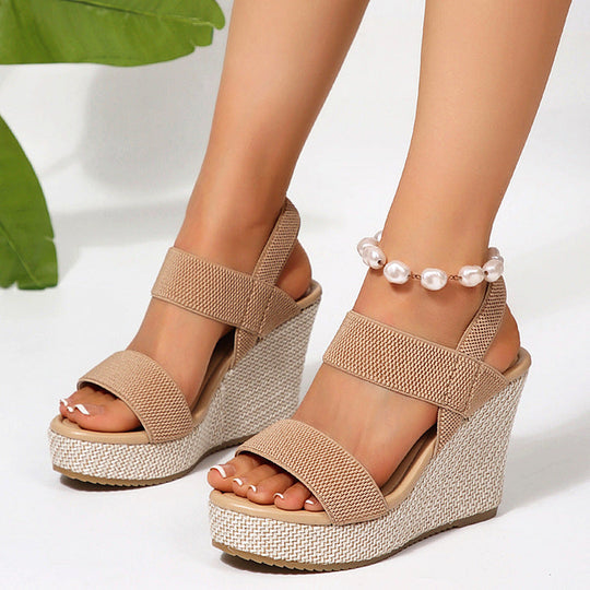 Damen nan Keilabsatz-Sandalen mit elastischen Textilriemen und geflochtenem Bast-Plateau