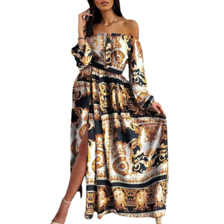 Damen Maxikleid mit offenem Schulterdesign und aufwendigem Barockmuster Nord Taschen