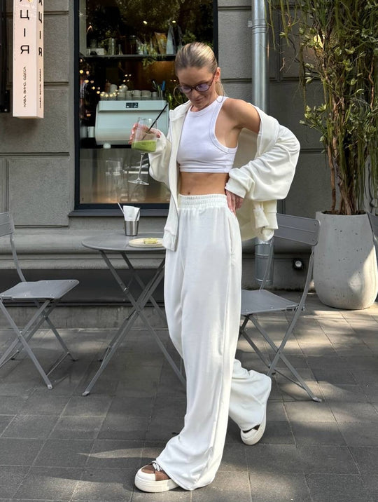 Damen moderne Velours-Zweiteiler mit kurzem Stehkragen-Zip und fließender hochgeschnittener Palazzohose Nord Taschen