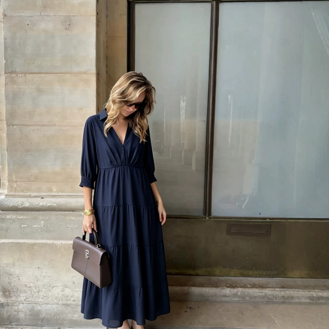 Damen Midikleid im Stufen-Look mit Hemdkragen, V‑Ausschnitt und geraffter Taillennaht Nord Taschen