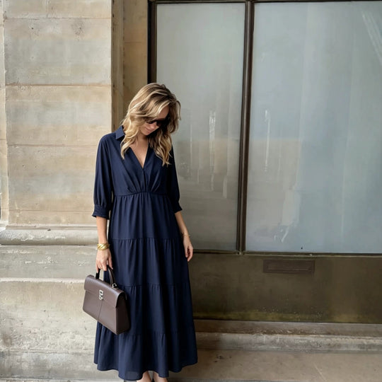 Damen Midikleid im Stufen-Look mit Hemdkragen, V‑Ausschnitt und geraffter Taillennaht Nord Taschen
