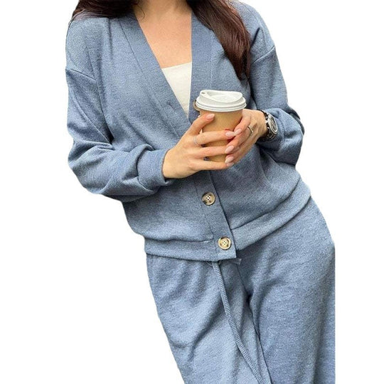 Damen Strick-Loungewear-Set mit V-Ausschnitt-Cardigan und weitem Kordelbund-Hose Nord Taschen