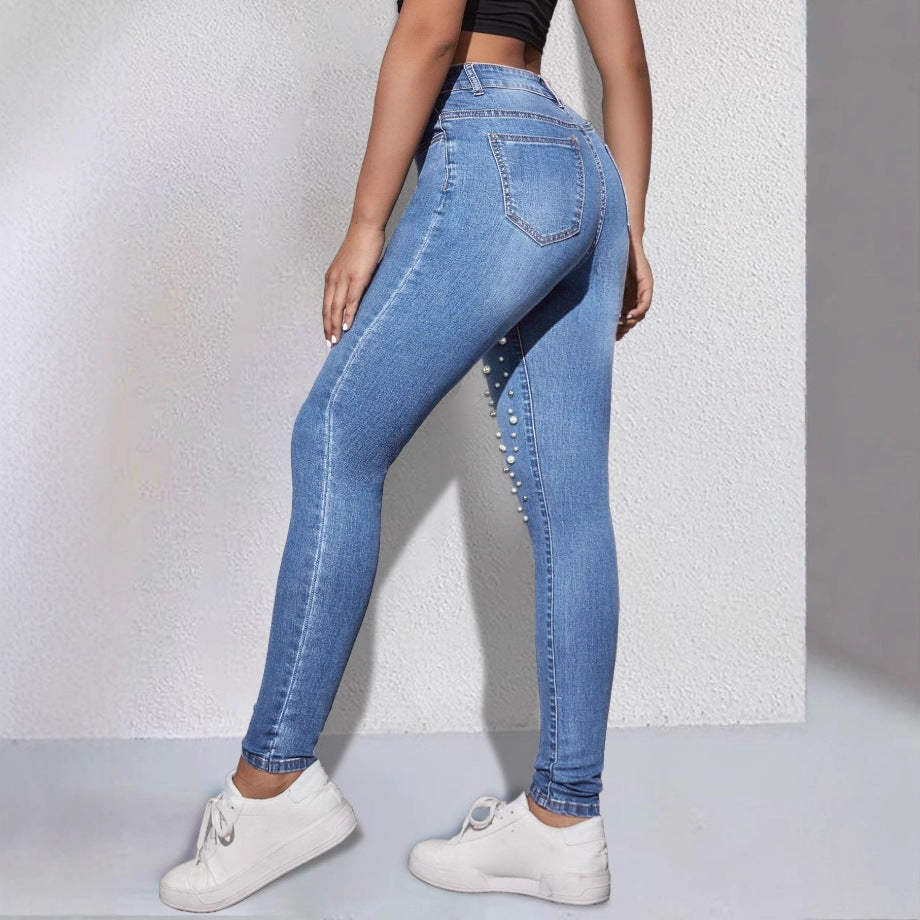 Damen Hochgeschnittene Sculpting-Skinny-Jeans mit asymmetrischem Perlenmuster Nord Taschen