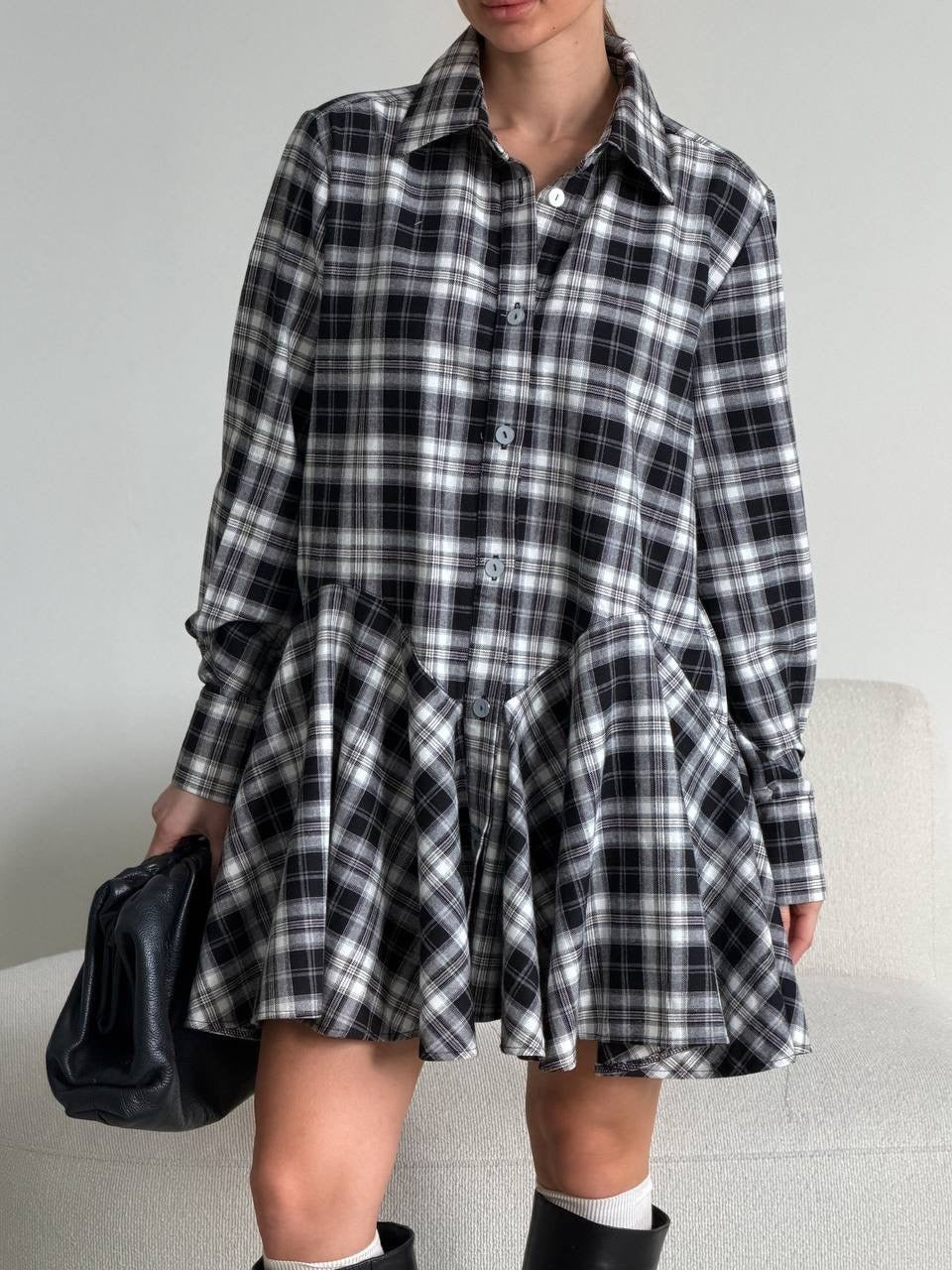 Damen Kariertes Hemdblusen-Minikleid mit ausgestellter Volant-Taille Nord Taschen