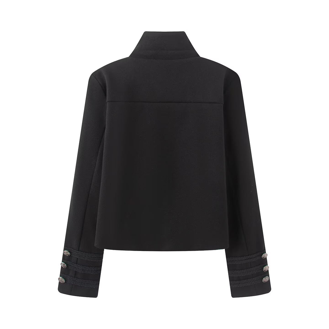 Damen Cropped Militärblazer mit Stehkragen, Zierkordeln und Metallknöpfen Nord Taschen