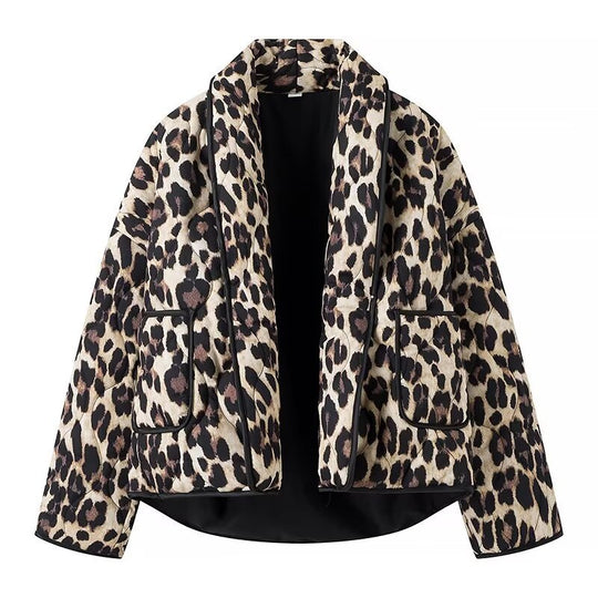 Damen Gepolsterte Kurzjacke im Leopardenprint mit Schalkragen und aufgesetzten Taschen Nord Taschen