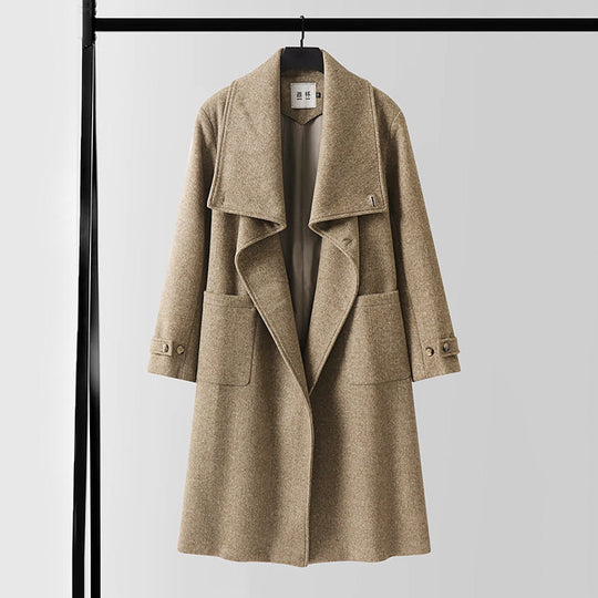 Damen Eleganter langer Wollmix-Cocoon-Mantel mit überlappendem Schalkragen und aufgesetzten Taschen Nord Taschen